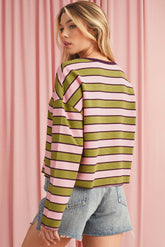 Spinach Green Striped V-Neck Rib-knit Pullover Top
